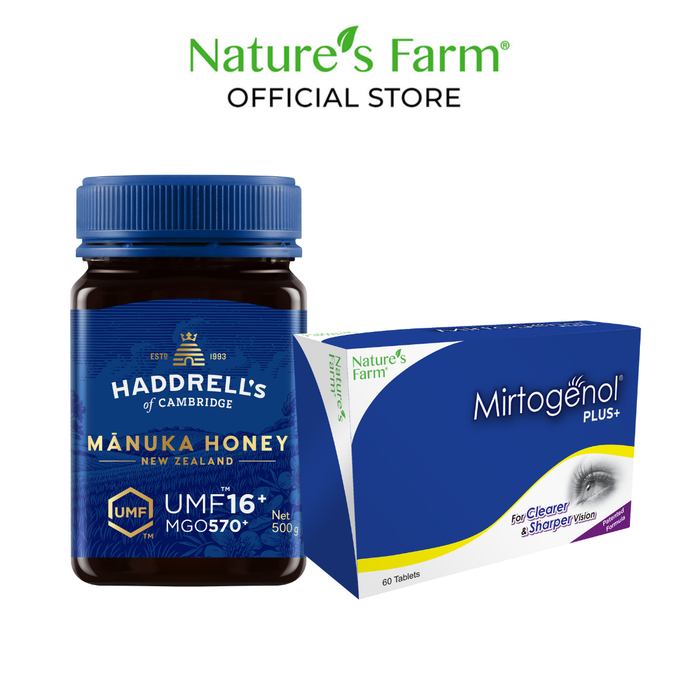 Haddrell's of Cambridge Manuka Honey UMF 16+ 500g + Nature's Farm Mirtogenol Plus 60S