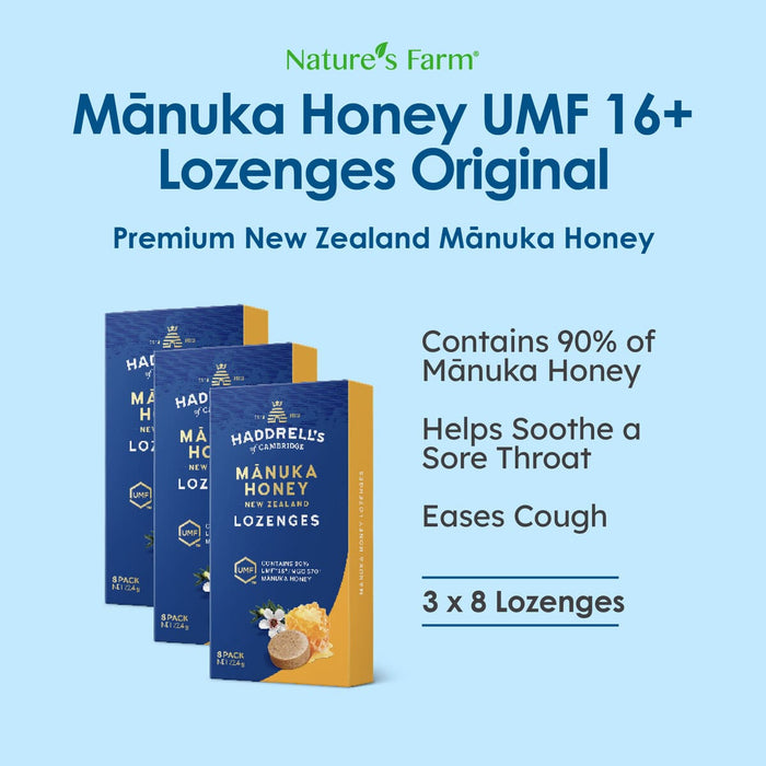 [Bundle of 3] Haddrell's of Cambridge Manuka Honey UMF 16+ Lozenges Original, 8s